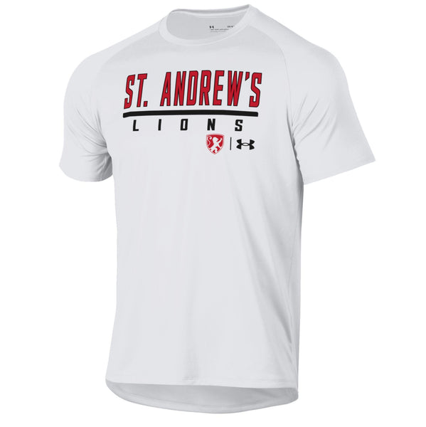 Adult UA White Tech T Shirt with Bar, Lions & Little Logo